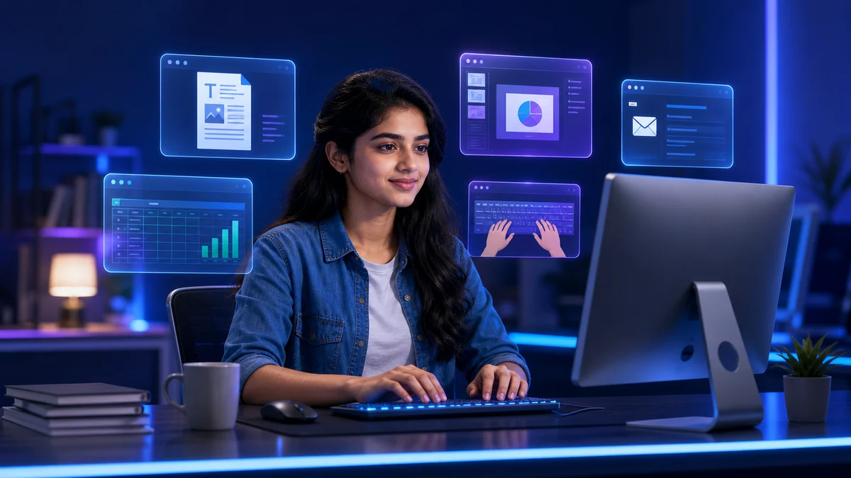 Students learning computer applications in a modern lab