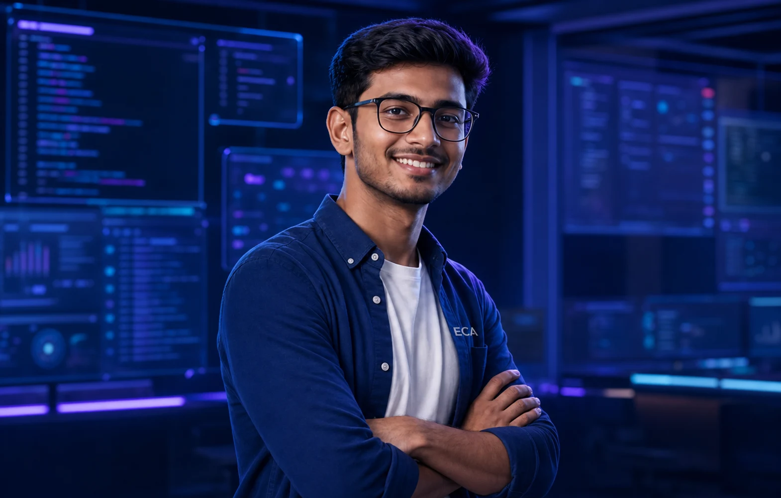 Ajay Kumar, senior computer trainer wearing an ECA shirt