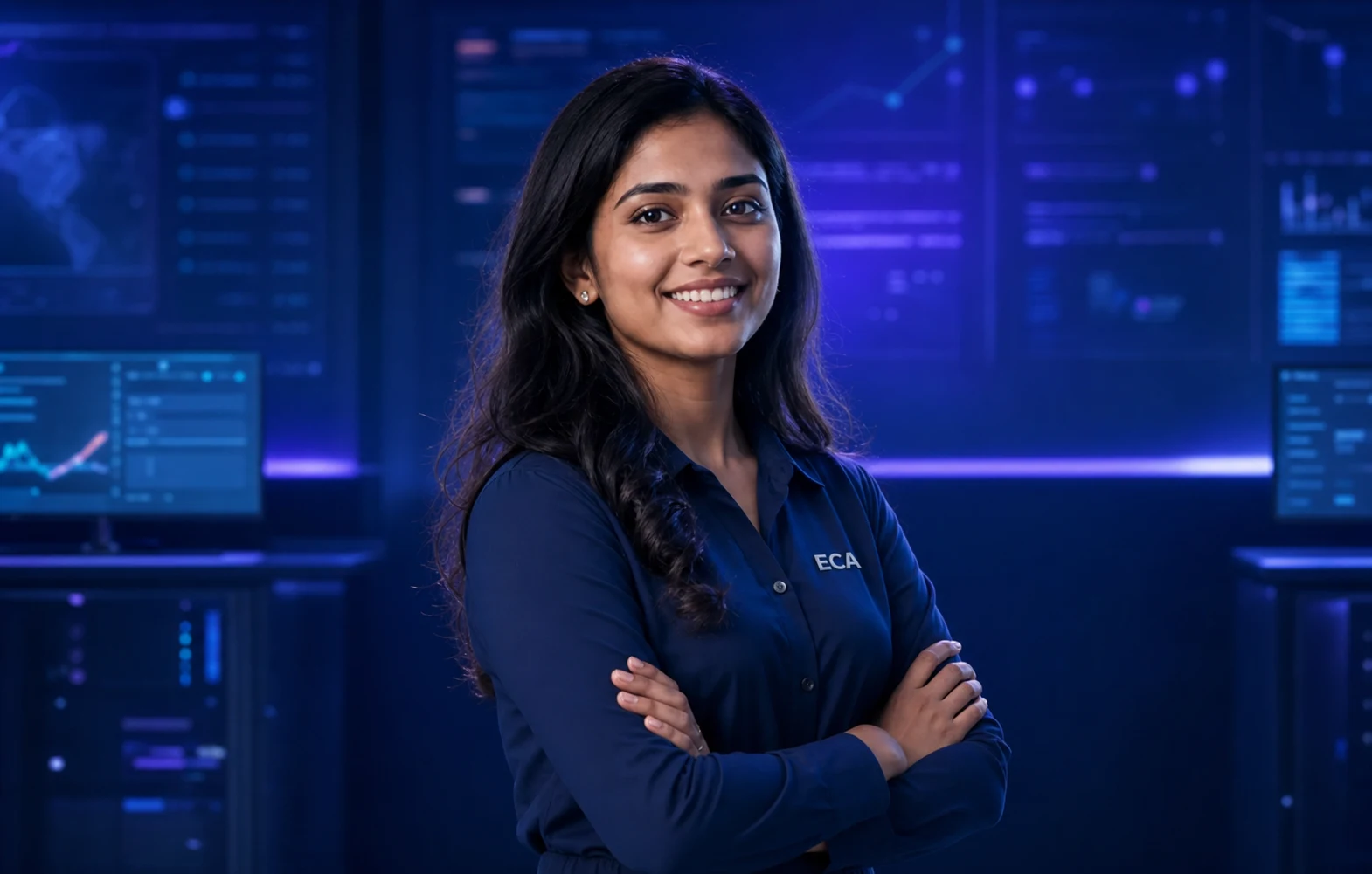 Neha Sharma, accounts and Tally faculty wearing an ECA shirt
