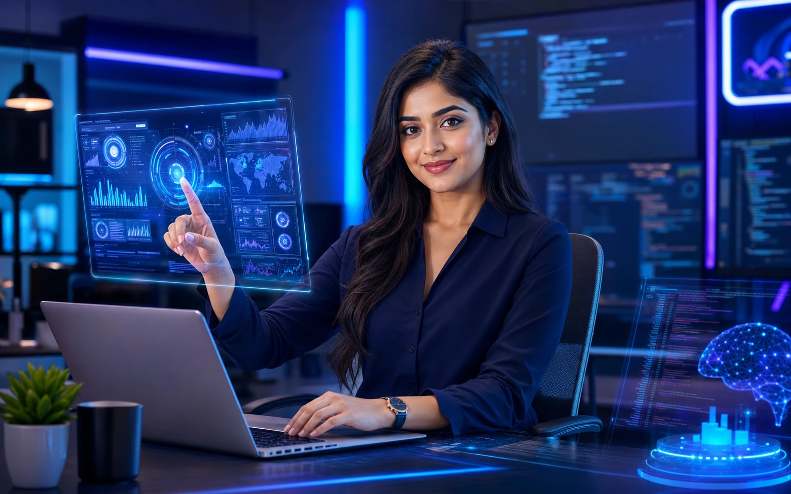 Professional technology instructor using futuristic digital tools in a modern computer lab
